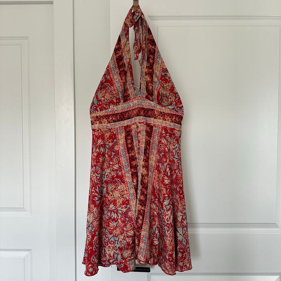 Red/ Blue/ Brown Bohemian Chic Halter Printed Flirty V Neck Mini Dress - Picture 2 of 9